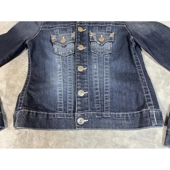 TRUE RELIGION Denim Trucker Jacket Blue Denim Jean Snap Button Sz XS Woman Logo - Picture 2 of 16